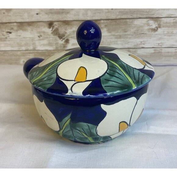 Mexican Talavera Pottery Colorful Calla Lilies Soup Bowl w/Handle and Lid Salsa - Picture 3 of 13